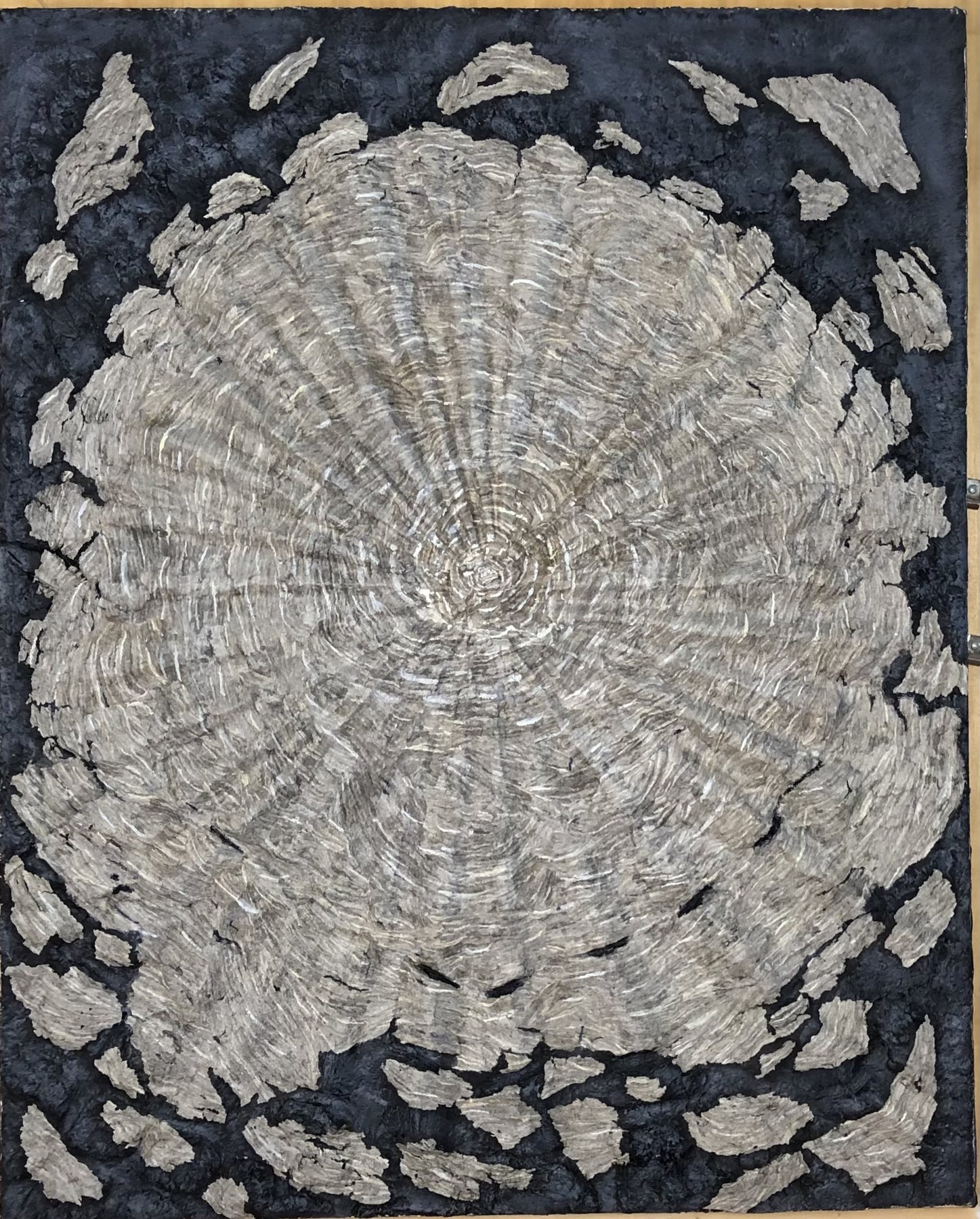 Breakup, hornet nest paper over papier-mache, a cohesive structure fraying at its edges