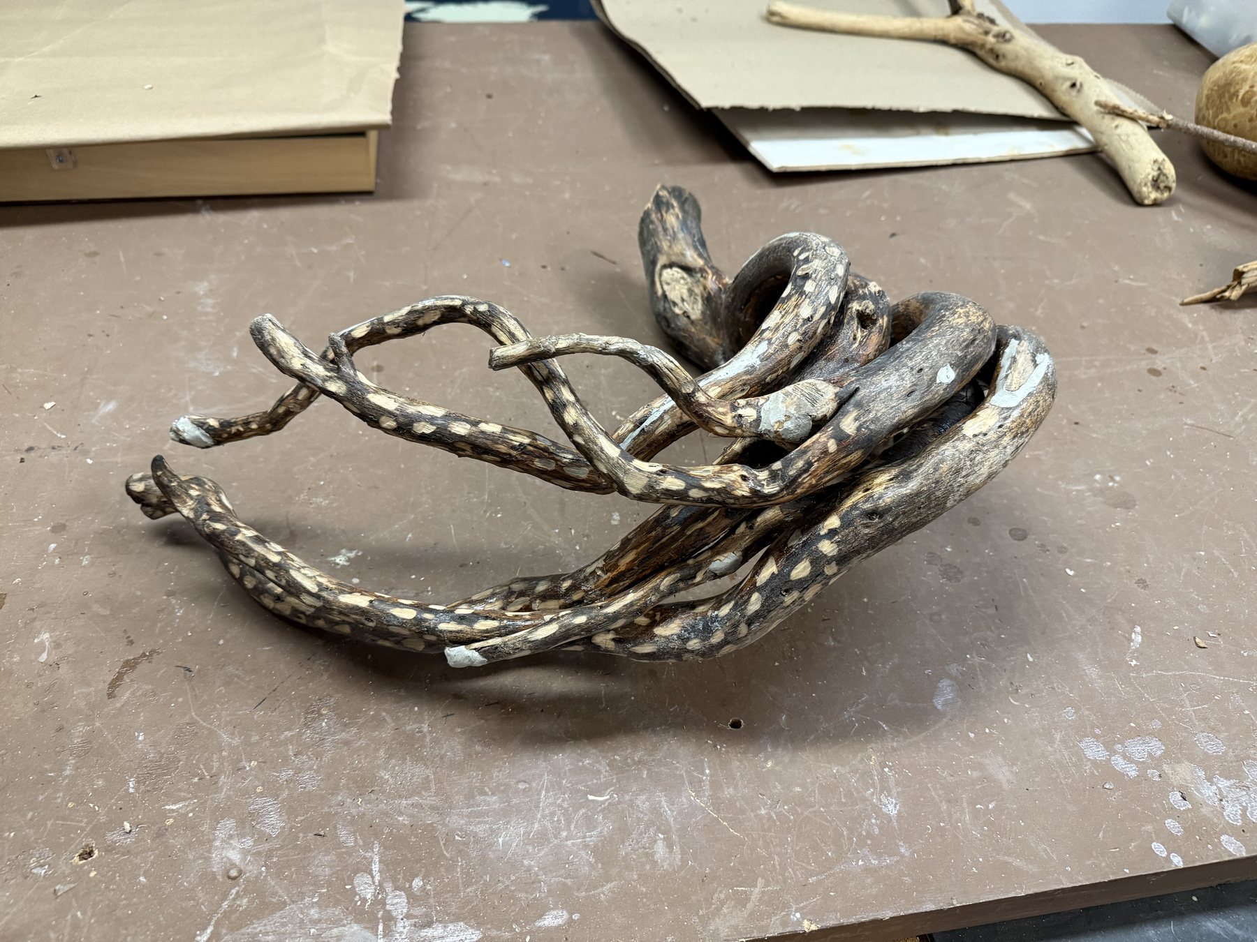 Raw pieces of gathered driftwood laid out on a studio worktable before any painting begins