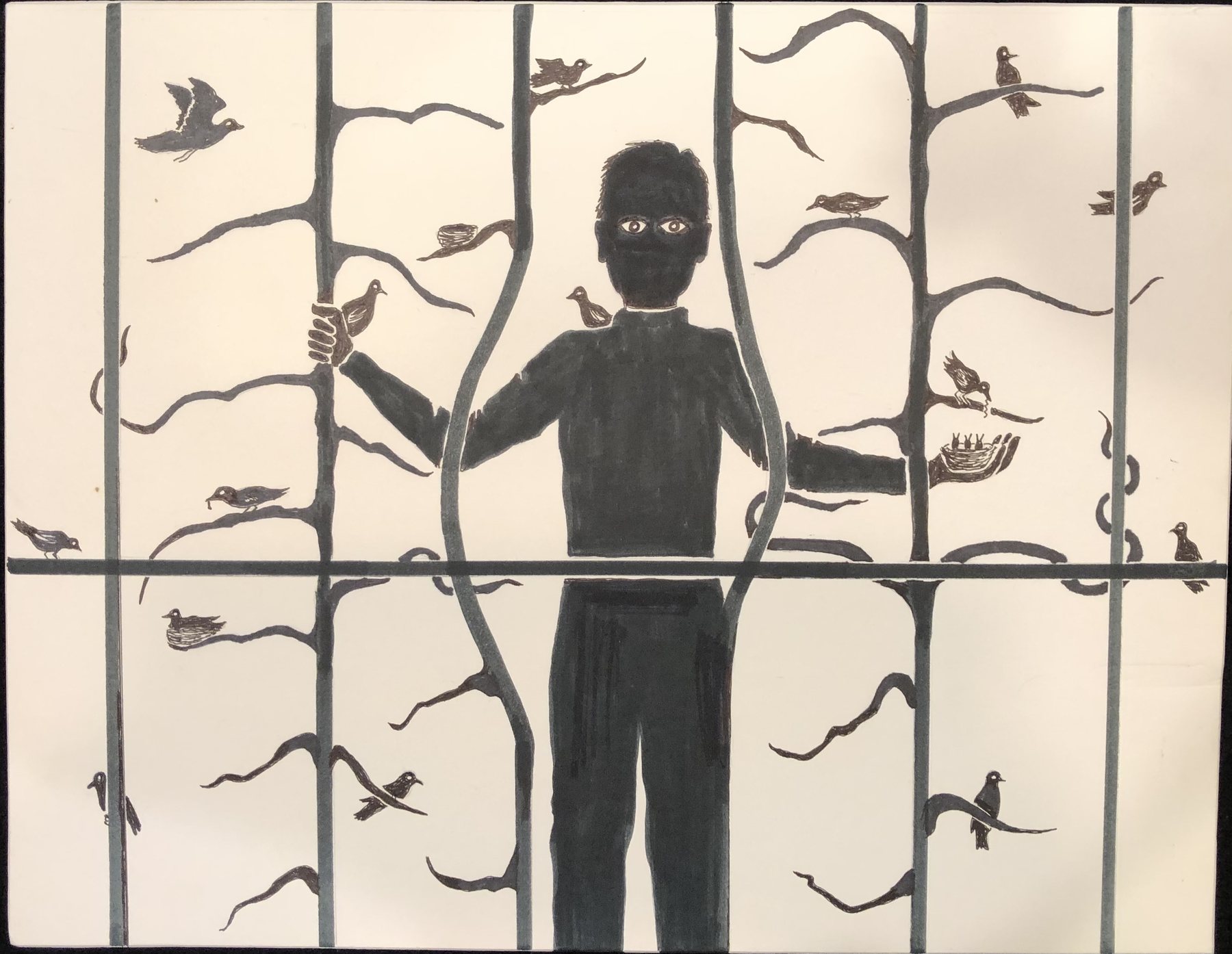 Ann Savageau's black-and-white drawing: a man behind bars, with birds on the branches around him and on his shoulders