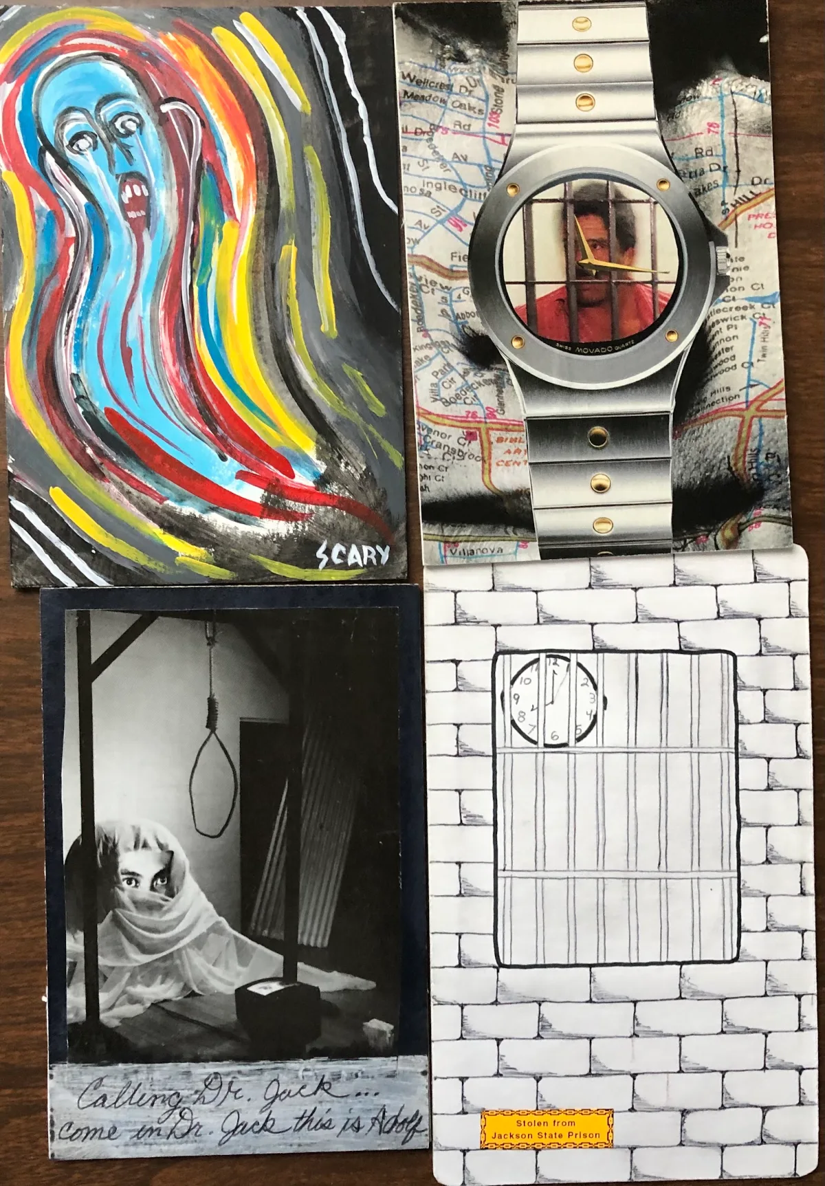 Four works by PCAP workshop members: a painted screaming figure, a collage with a wristwatch, a drawing of a hooded figure beside a noose, and a drawing of a barred cell window