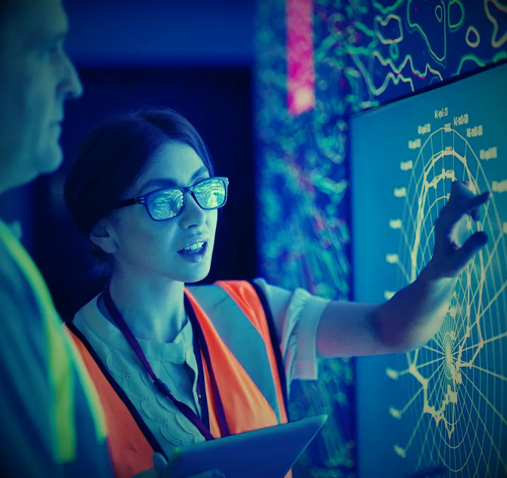 Geoscientist analyzing subsurface data on an interactive display