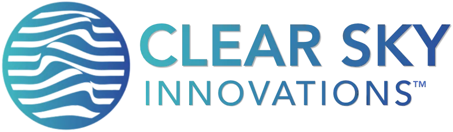 Clear Sky Innovations company logo with blue gradient waves inside a circle on the left and the name on the right.