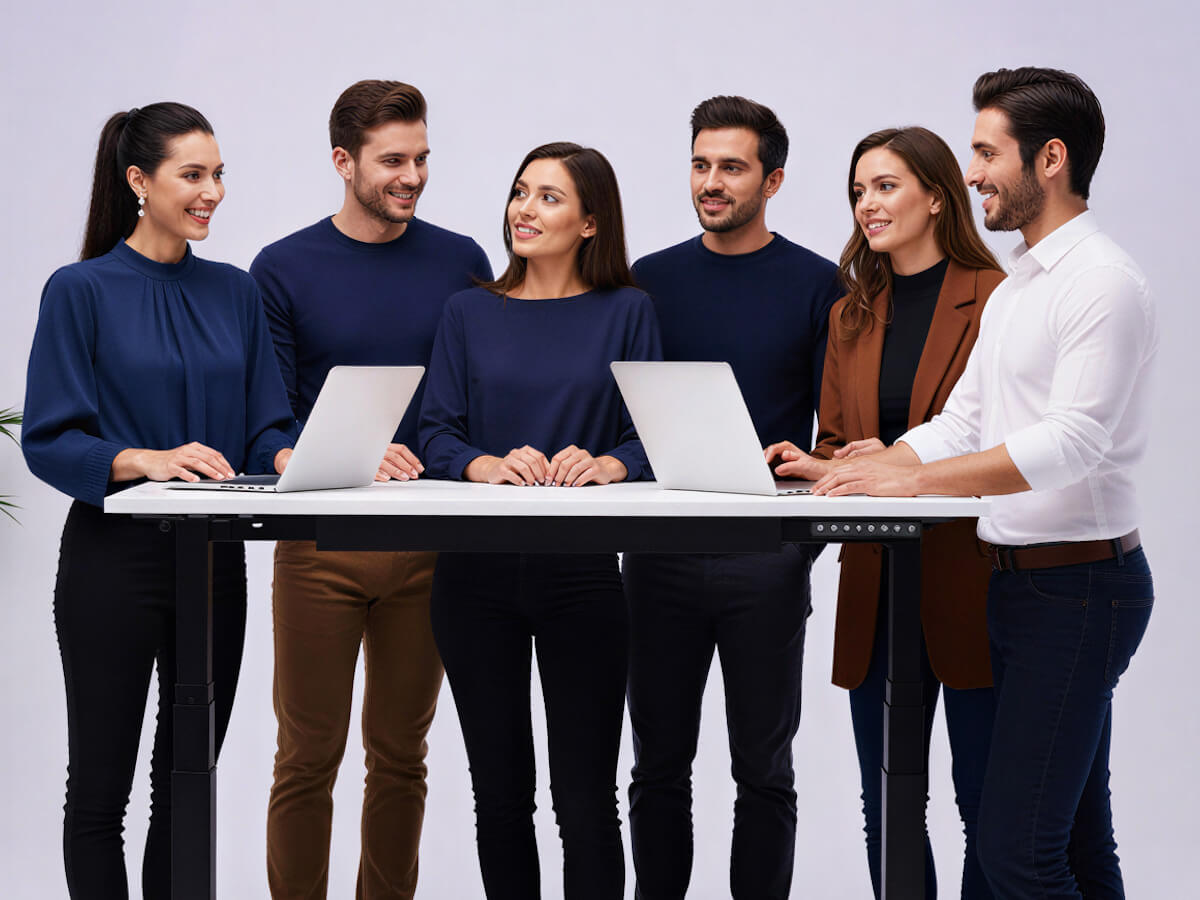 Six young professionals standing around a tall white table with laptops, smiling and interacting with each other.