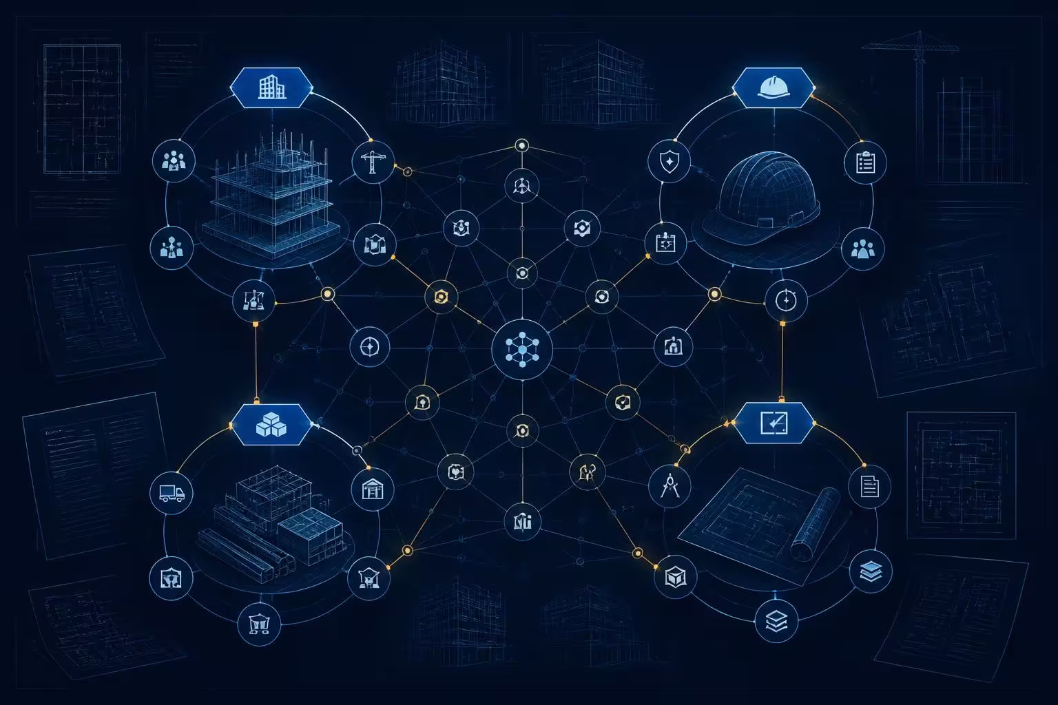 Blueprint-style infographic showing interconnected icons representing different construction and architectural elements: building, helmet, package, and blueprint, linked by a central network of smaller icons symbolizing tasks and resources in a construction project.