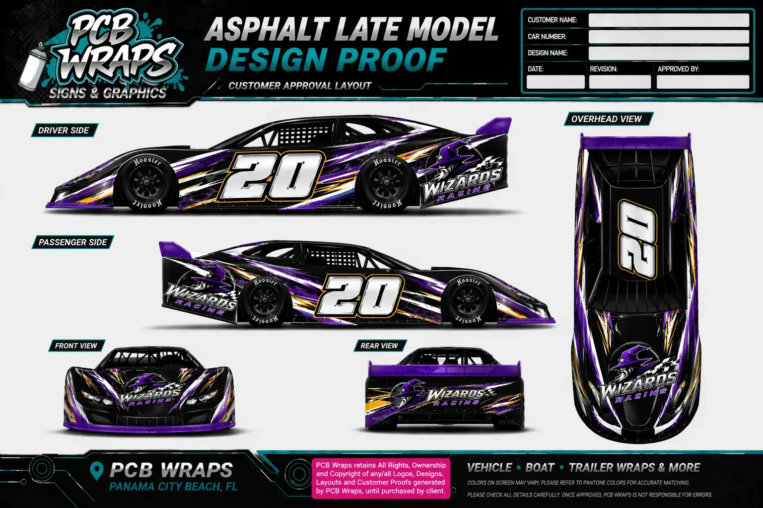 PCB Wraps race car design proof showing production artwork views