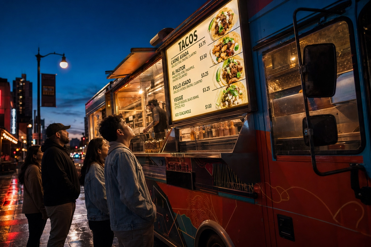 Digital menu display at a food truck serving window