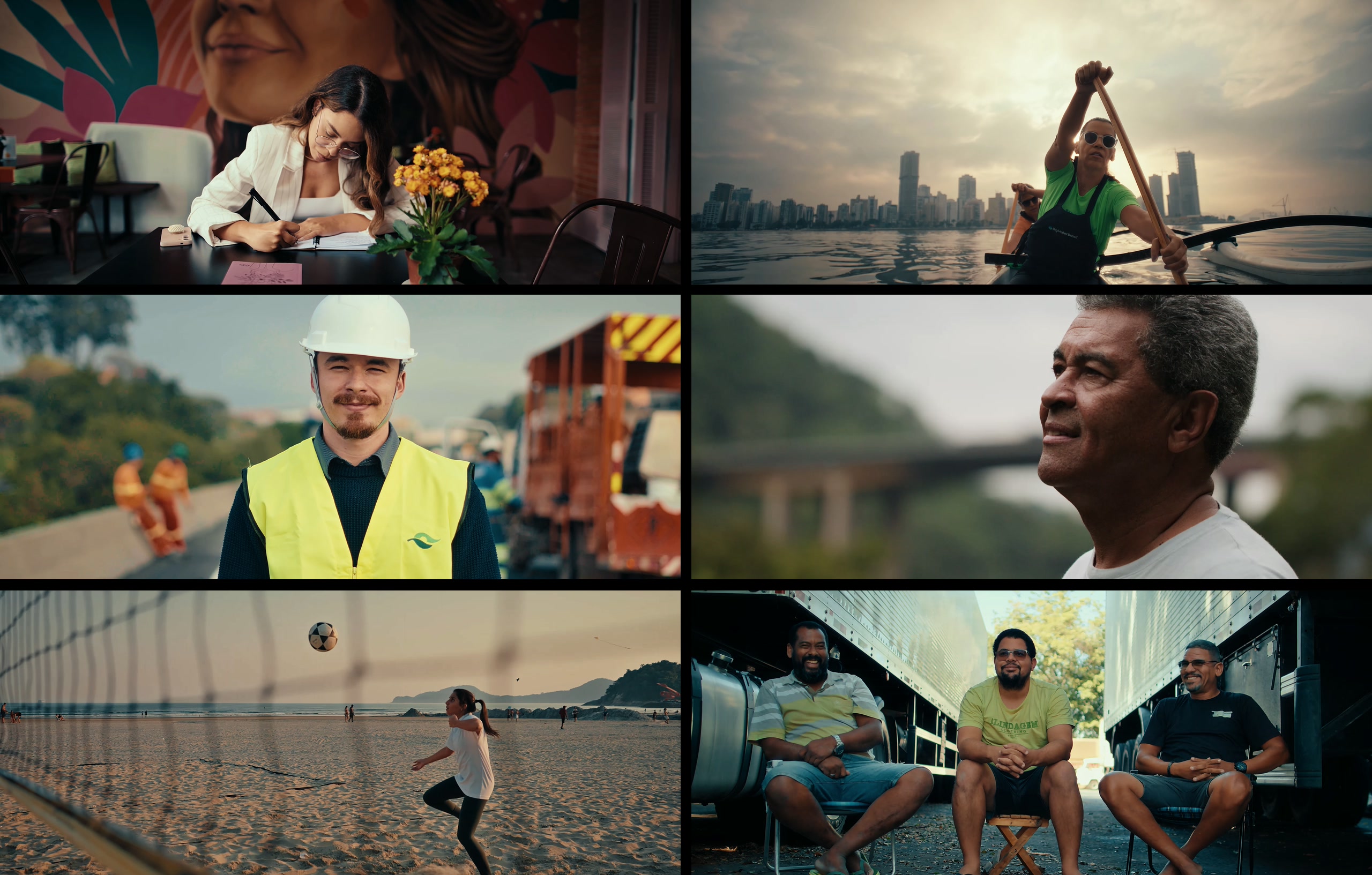 Seis quadros das webséries: escritora escrevendo, atleta remando, engenheiro de capacete, senhor olhando o horizonte, jogadora com a bola no ar e três caminhoneiros sentados