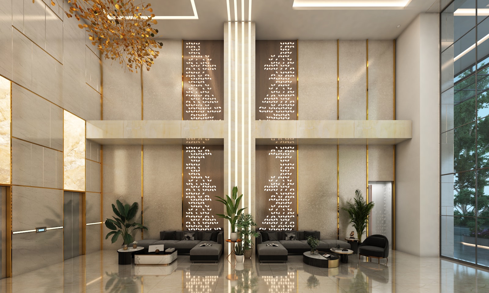 Modern hotel lobby with seating