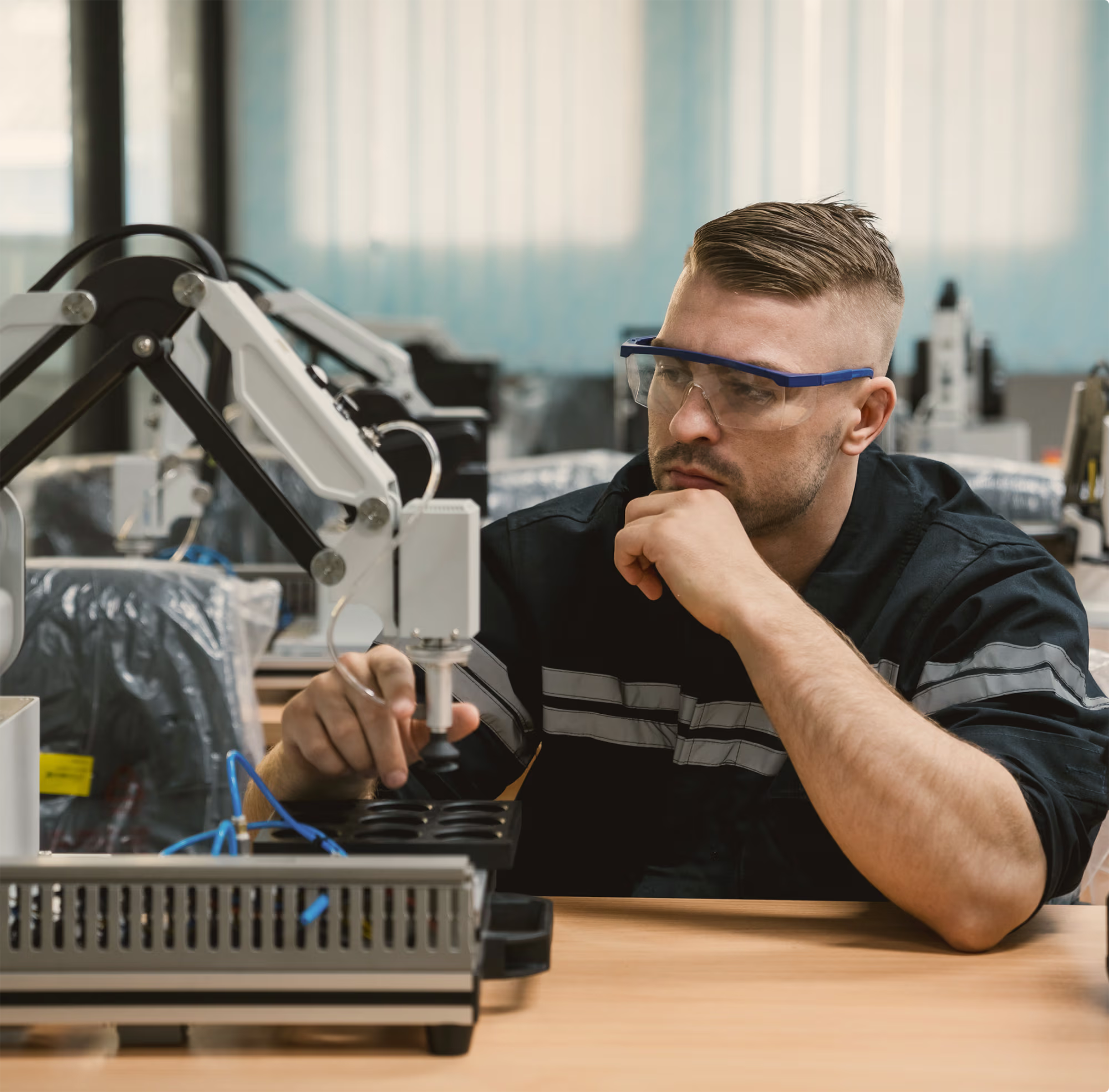Man wearing safety glasses and dark workwear operating industrial robotic machinery on a wooden table in a workshop.