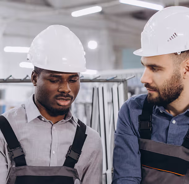 Two male workers wearing white safety helmets and work overalls in an industrial setting, engaged in conversation.