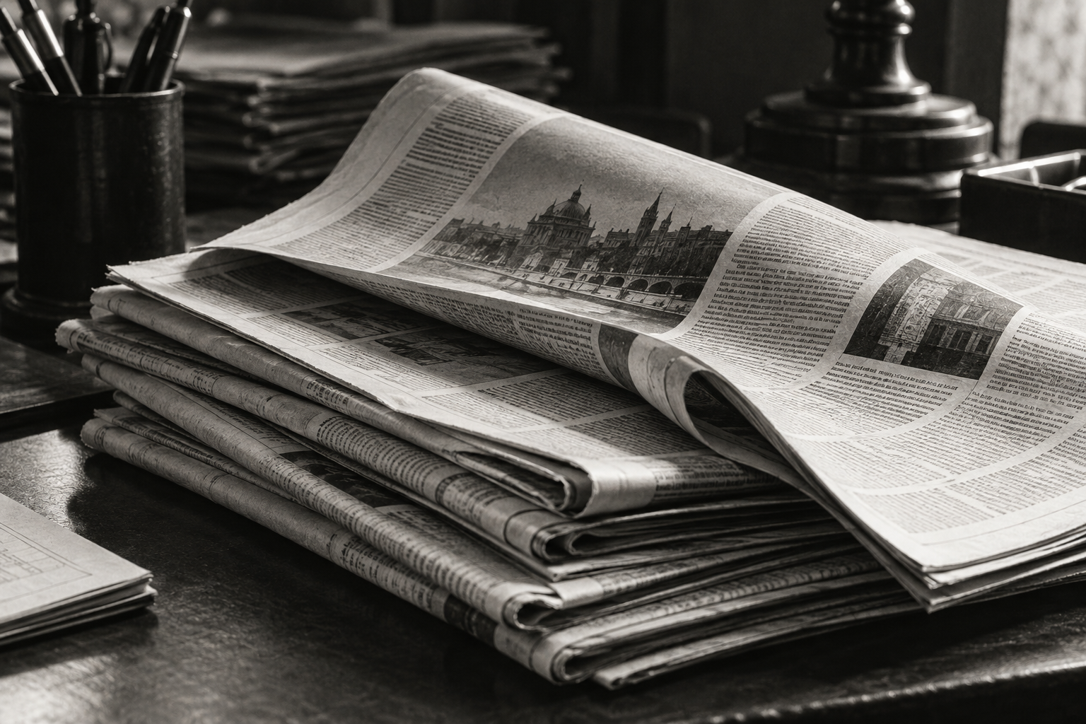 Black and white editorial still life of folded newspapers