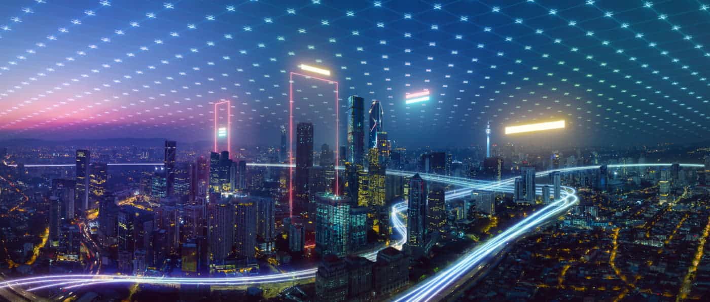 Abstract high-tech city skyline representing connected capital and business deals