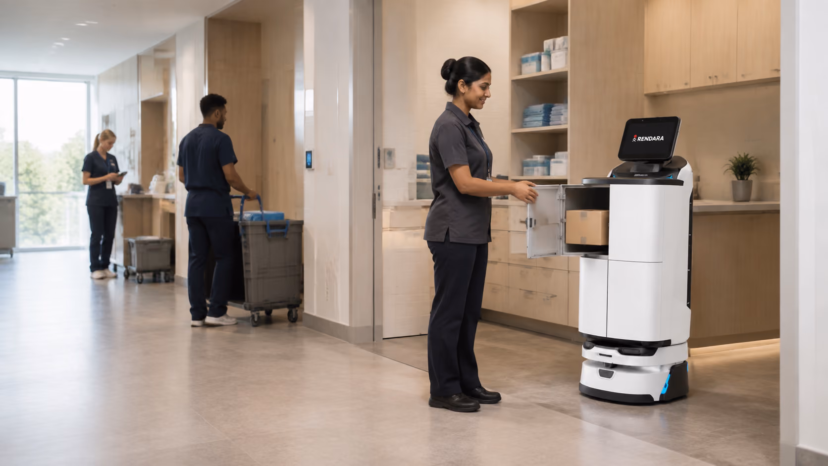 A staff member loading supplies into a Rendara delivery robot in a staff corridor