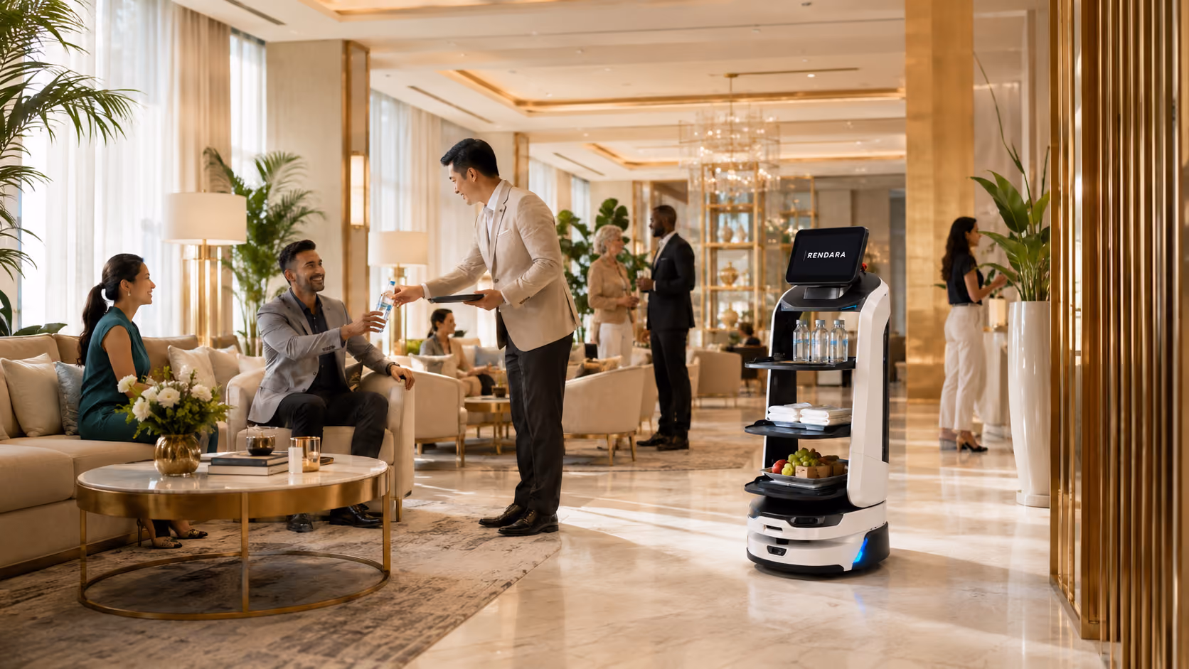 A Rendara service robot bringing refreshments through a hotel lounge