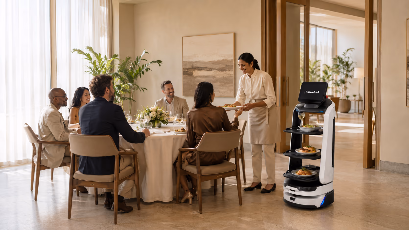 A Rendara service robot delivering courses to guests at a private dining table