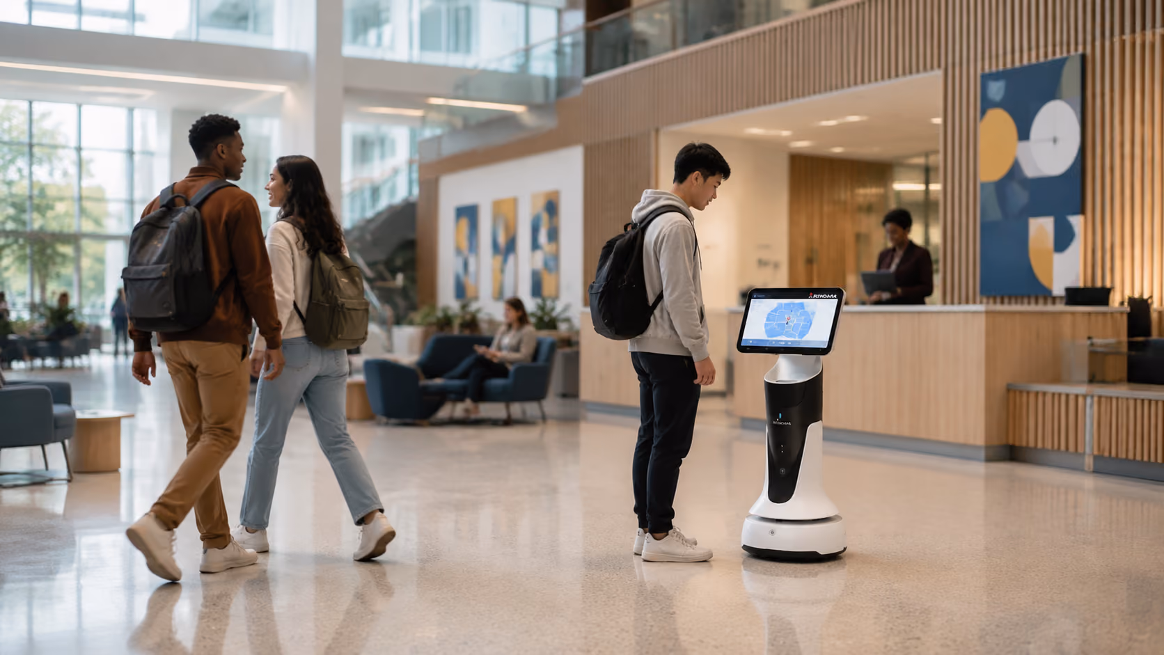 A Rendara service robot carrying plated meals past diners in a country club restaurant
