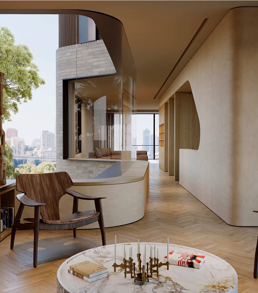 Modern living room with wooden chair, round marble table, and city view through large windows.