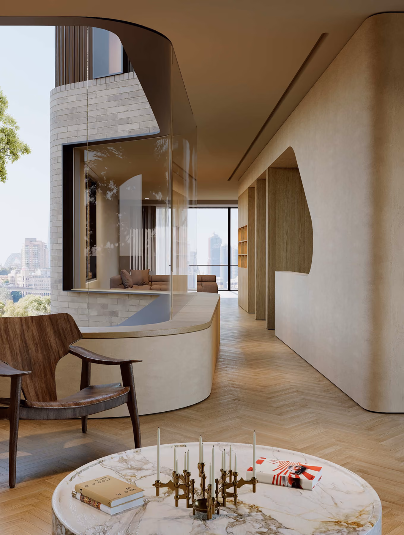 Modern living area with wooden chair, marble table with candles and books, and curved architectural details.