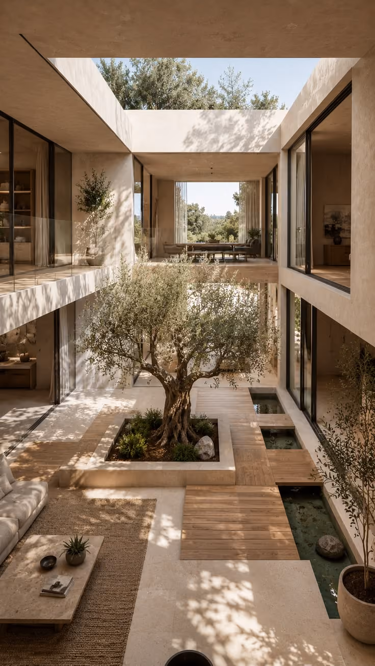 Modern open-air home courtyard with a large central olive tree surrounded by a stone planter, wooden decking, and a shallow water feature, with glass walls and upper floor overlooking the space.