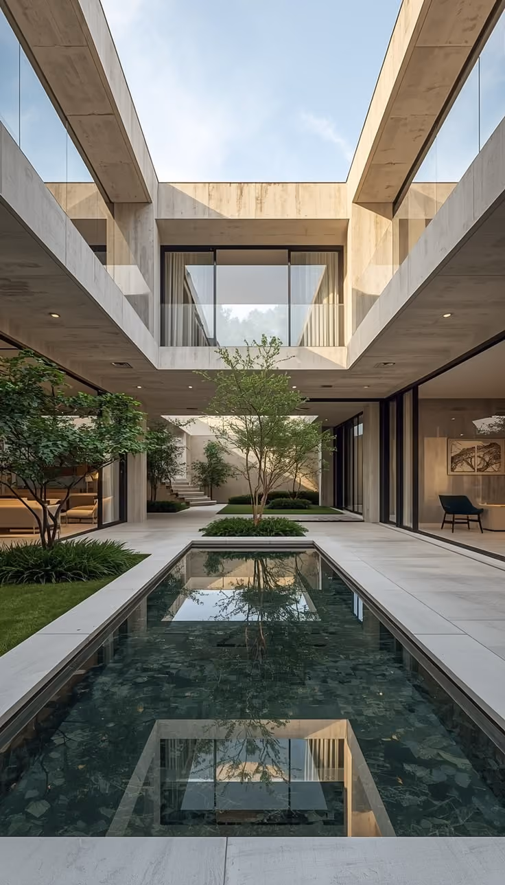 Modern open courtyard with rectangular reflecting pool in center, surrounded by greenery and trees, flanked by beige stone walkways and glass-walled rooms, under a clear sky.