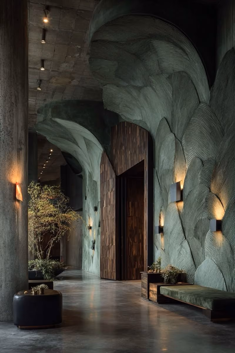 Modern interior corridor with textured green sculptural walls resembling large leaves, wooden double doors, soft wall lighting, polished concrete floor, green cushioned bench, round black ottoman, and potted plants.