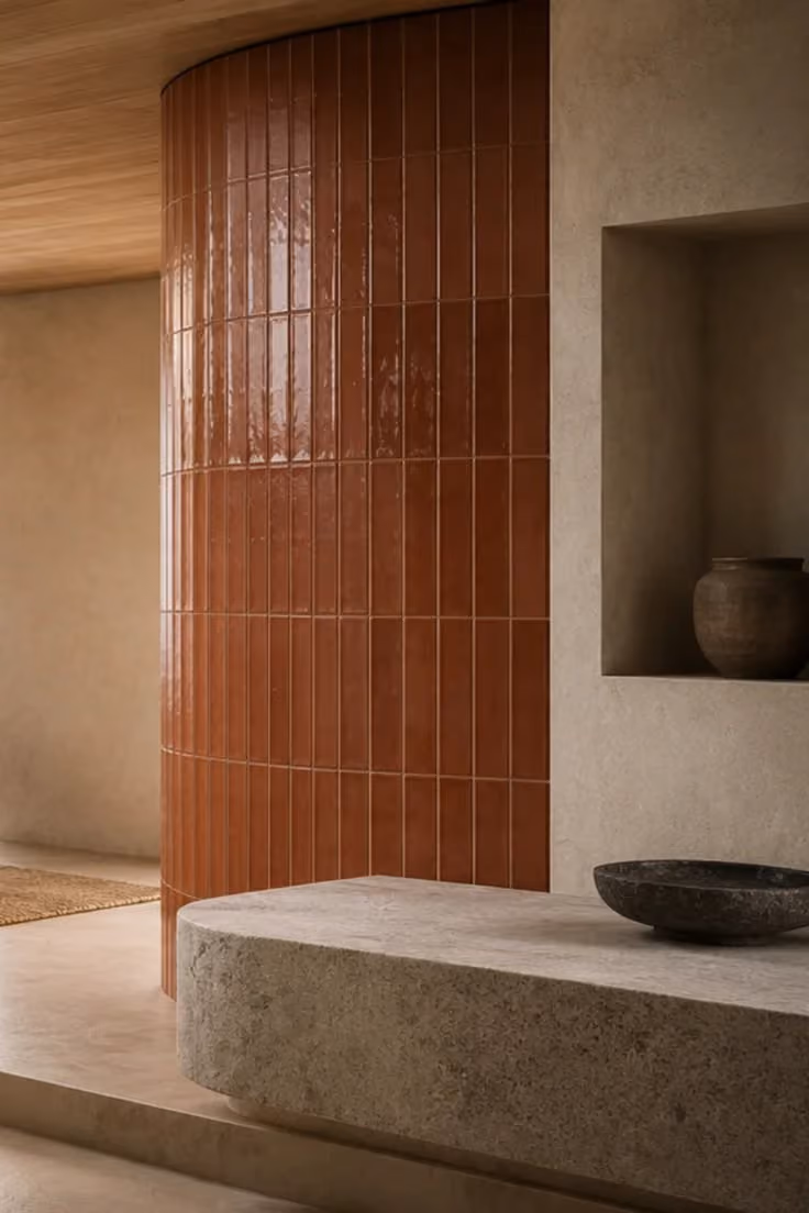 Minimalist interior with a curved wall covered in glossy terracotta tiles, a textured beige bench in front, and a built-in alcove with a rustic pottery vase.