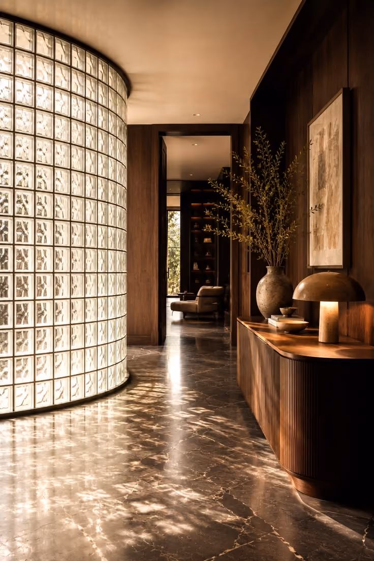 Interior hallway with curved glass block wall on the left, polished marble floor, and a wooden sideboard on the right decorated with a large ceramic vase with branches, a modern table lamp, and framed artwork above.