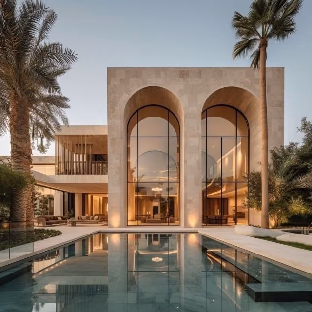 Modern luxury house with large arched floor-to-ceiling windows illuminated from inside, reflecting in a rectangular swimming pool, framed by palm trees and greenery.
