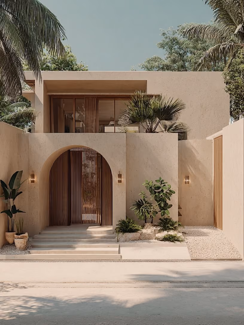 Modern beige house with smooth walls, an arched doorway, wooden slatted door, stone steps, and tropical plants including palms and potted greenery, under a clear sky.