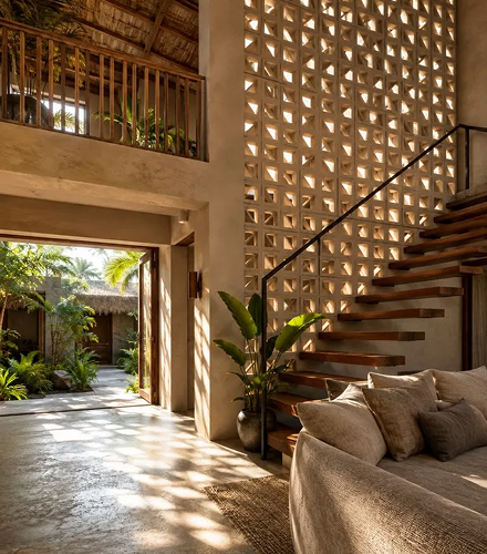 Interior of a modern living space with natural light filtering through a decorative concrete wall next to wooden stairs with a minimalist black railing. The room features a beige sofa with cushions, a woven rug, and a large potted plant at the base of the stairs. There is an open doorway leading outside to a garden area with lush greenery and palm trees visible under a thatched roof structure.