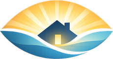 Logo in the shape of an eye with rising sun behind a house sourrounded by hills