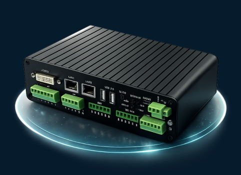 The Ampaura Gateway industrial controller with terminal blocks, ethernet and USB ports