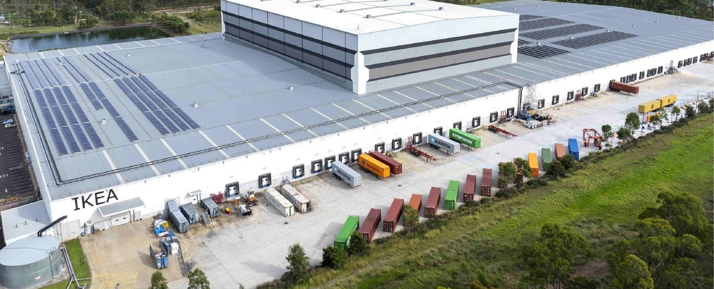Aerial view of the IKEA Marsden Park distribution centre in Sydney with rooftop solar and RCT battery storage