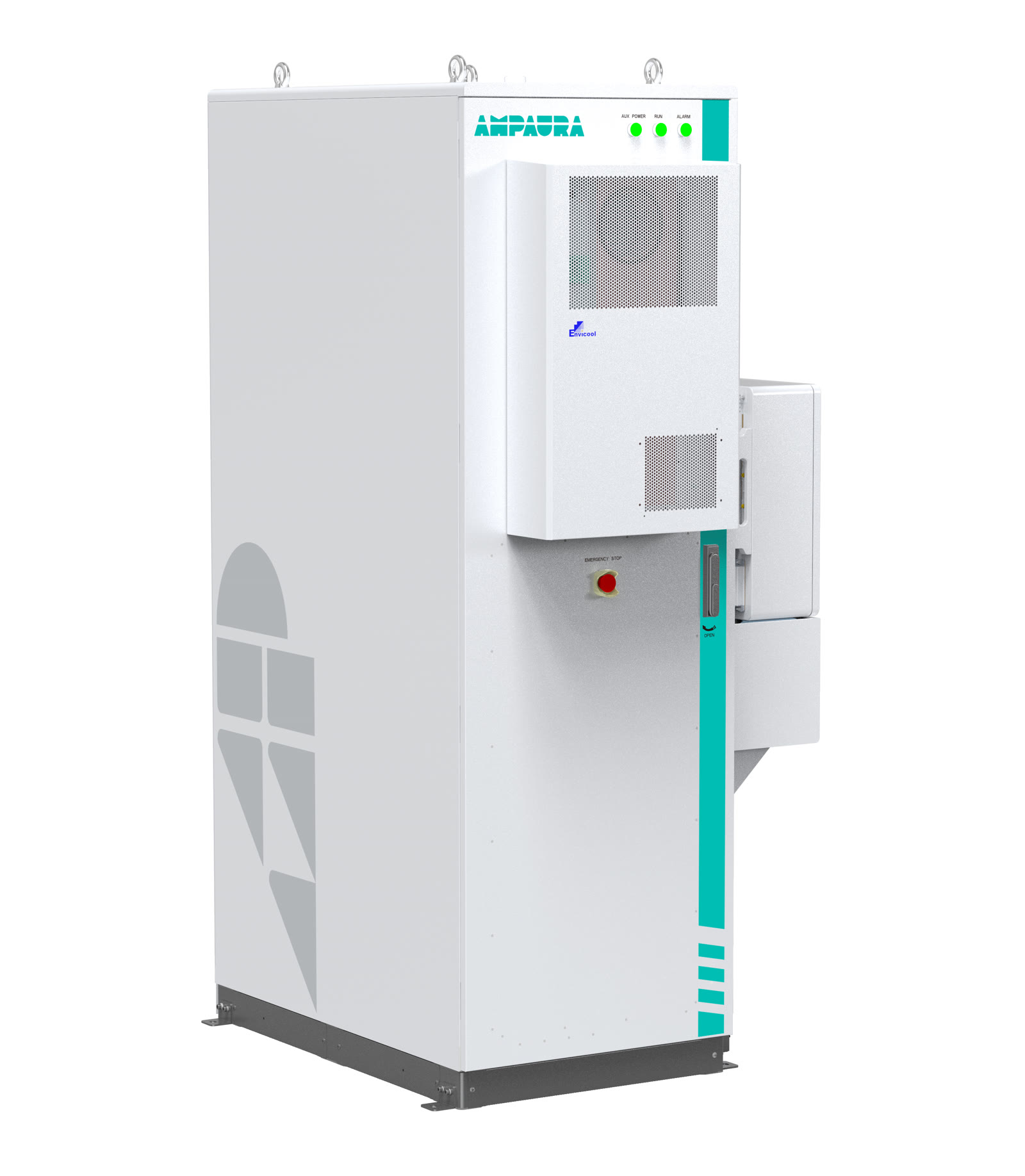 Ampaura VAST commercial battery cabinet, rear three quarter view showing the inverter side