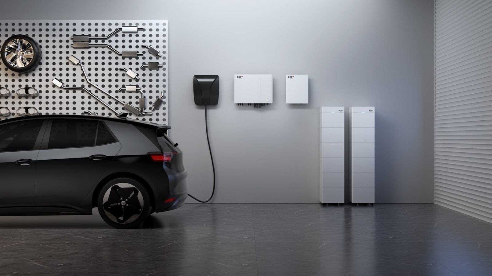 RCT Power inverter and battery wall mounted in a garage beside an electric vehicle