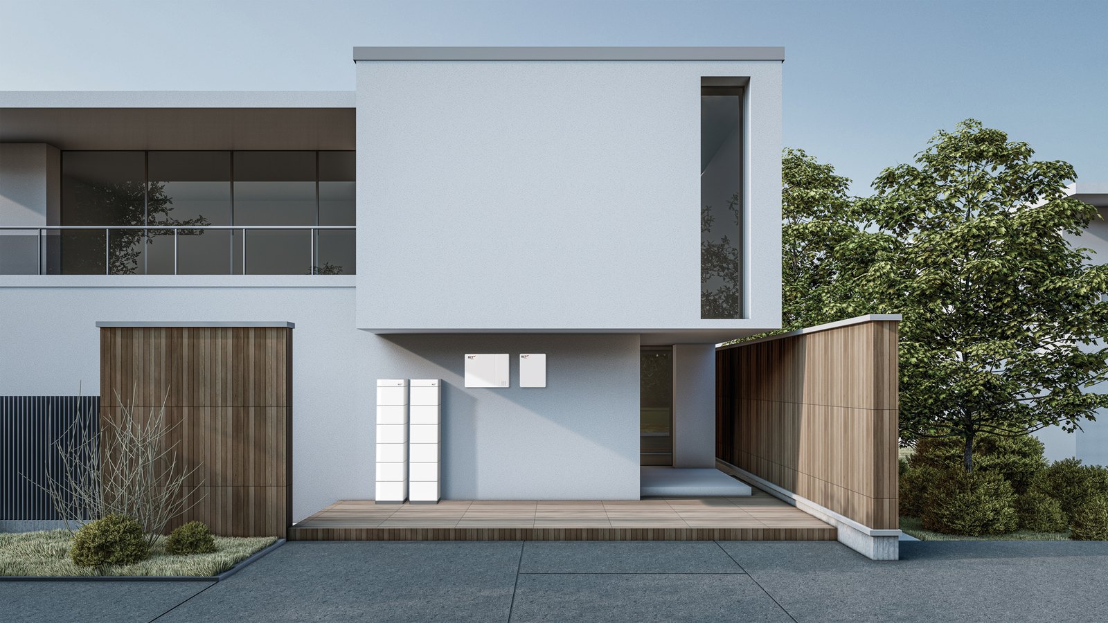 RCT Power storage system installed on the exterior wall of a modern house