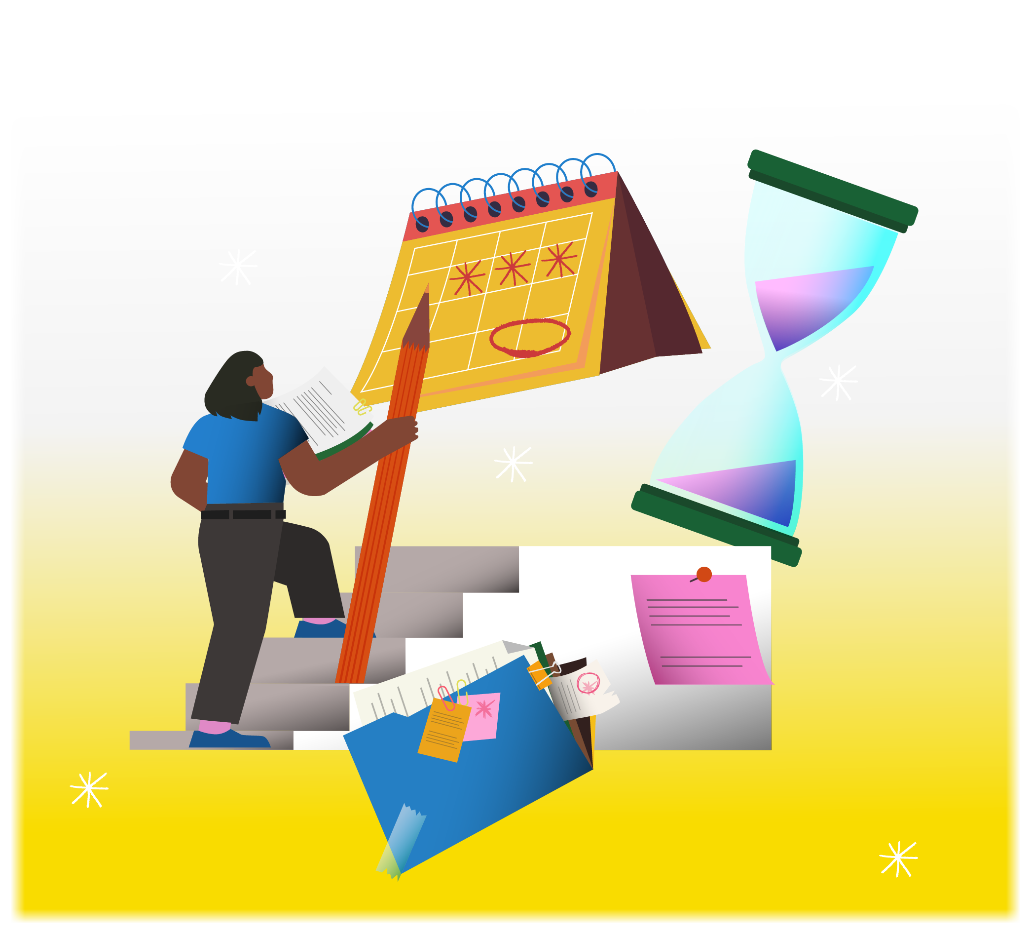 Illustration of planning a university choice with a calendar and hourglass
