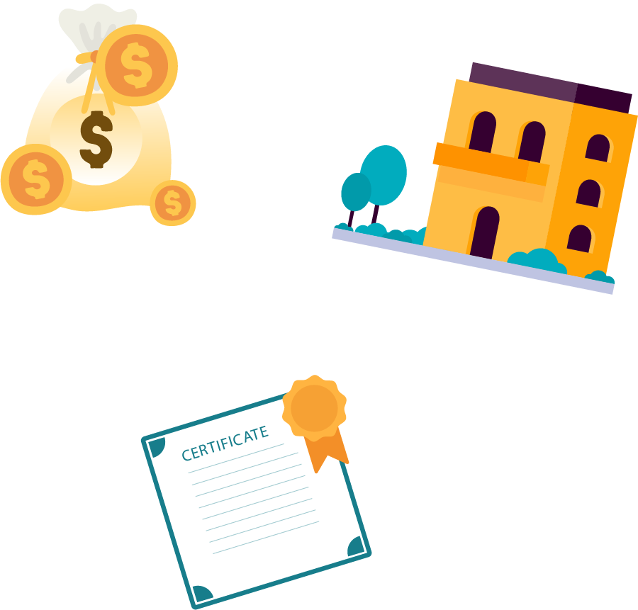 Illustration of study costs: money bag, university building and scholarship certificate