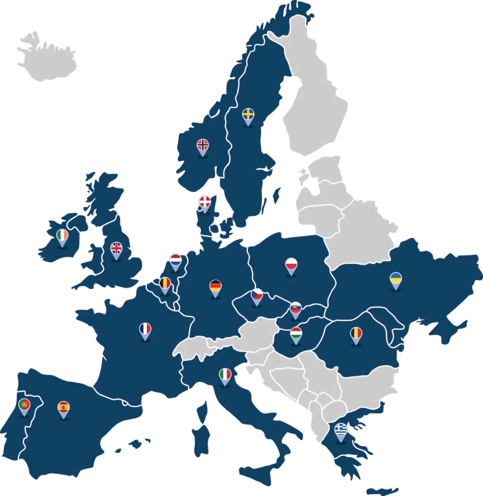Map of Europe highlighting the countries in CSU's network, from Ireland and Portugal to the Nordics, Poland, Romania and Greece