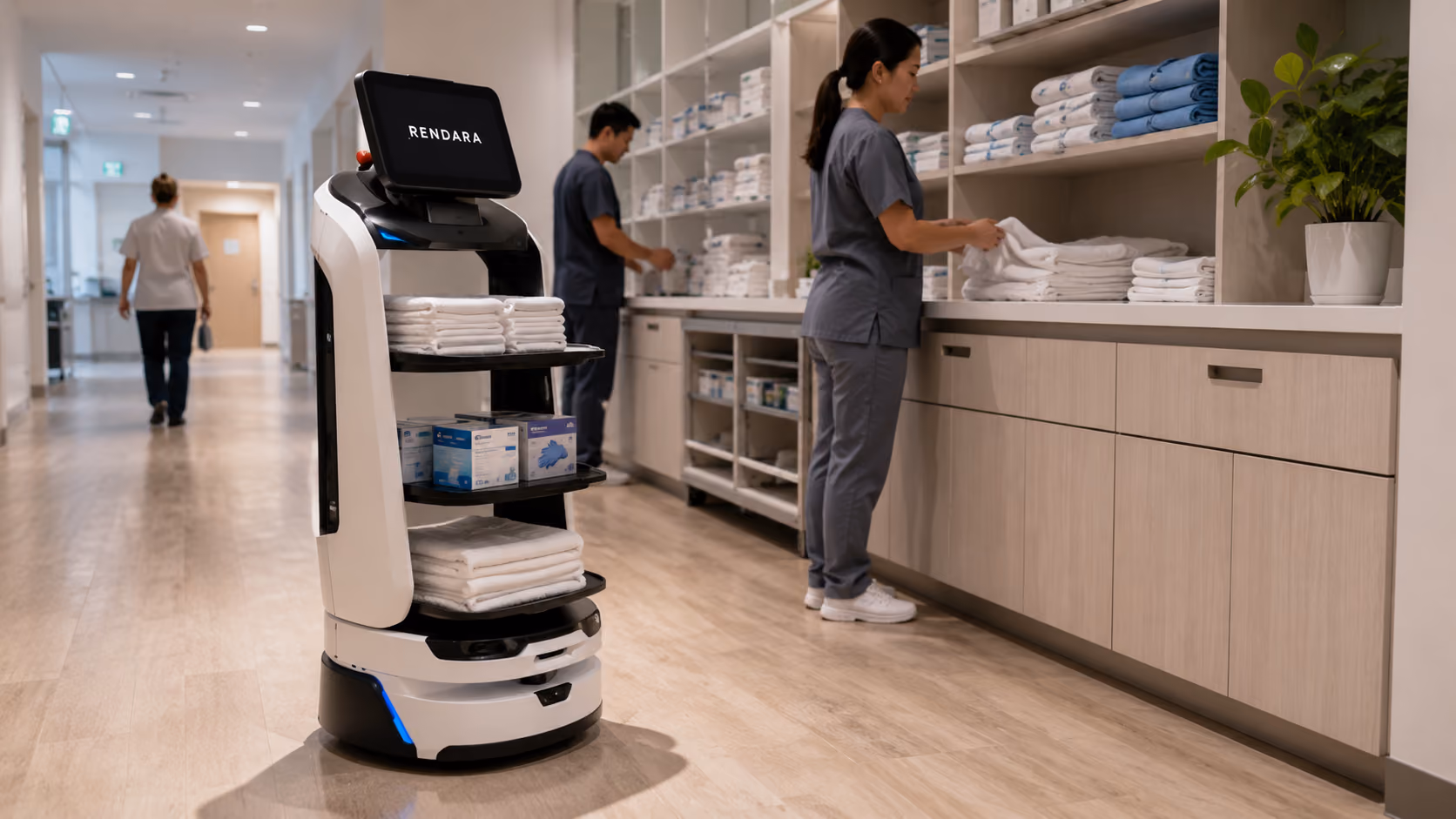 MotoServe Pro replenishing linen and PPE on a hospital floor