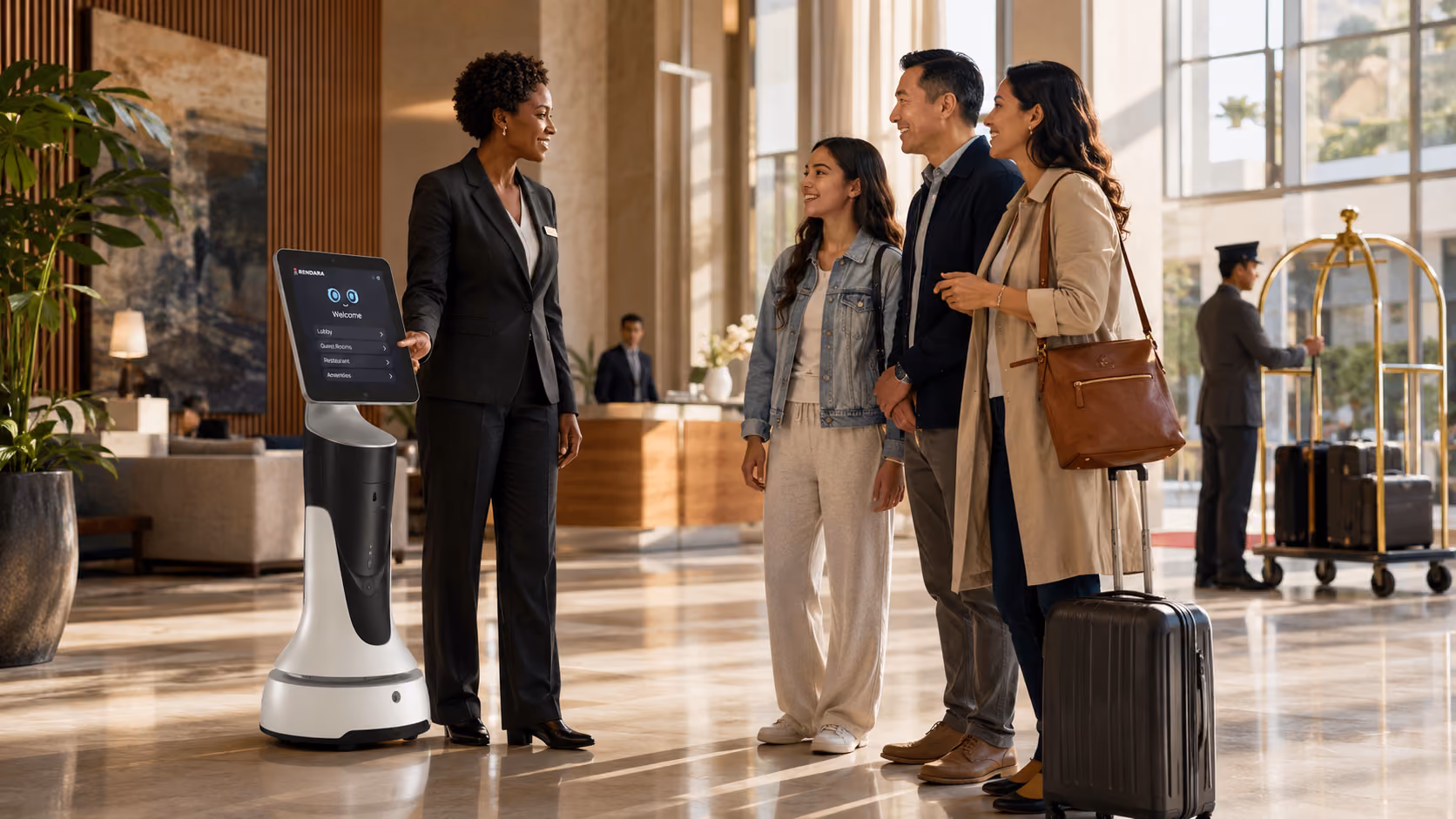 MotoGuide greeting guests in a hotel lobby