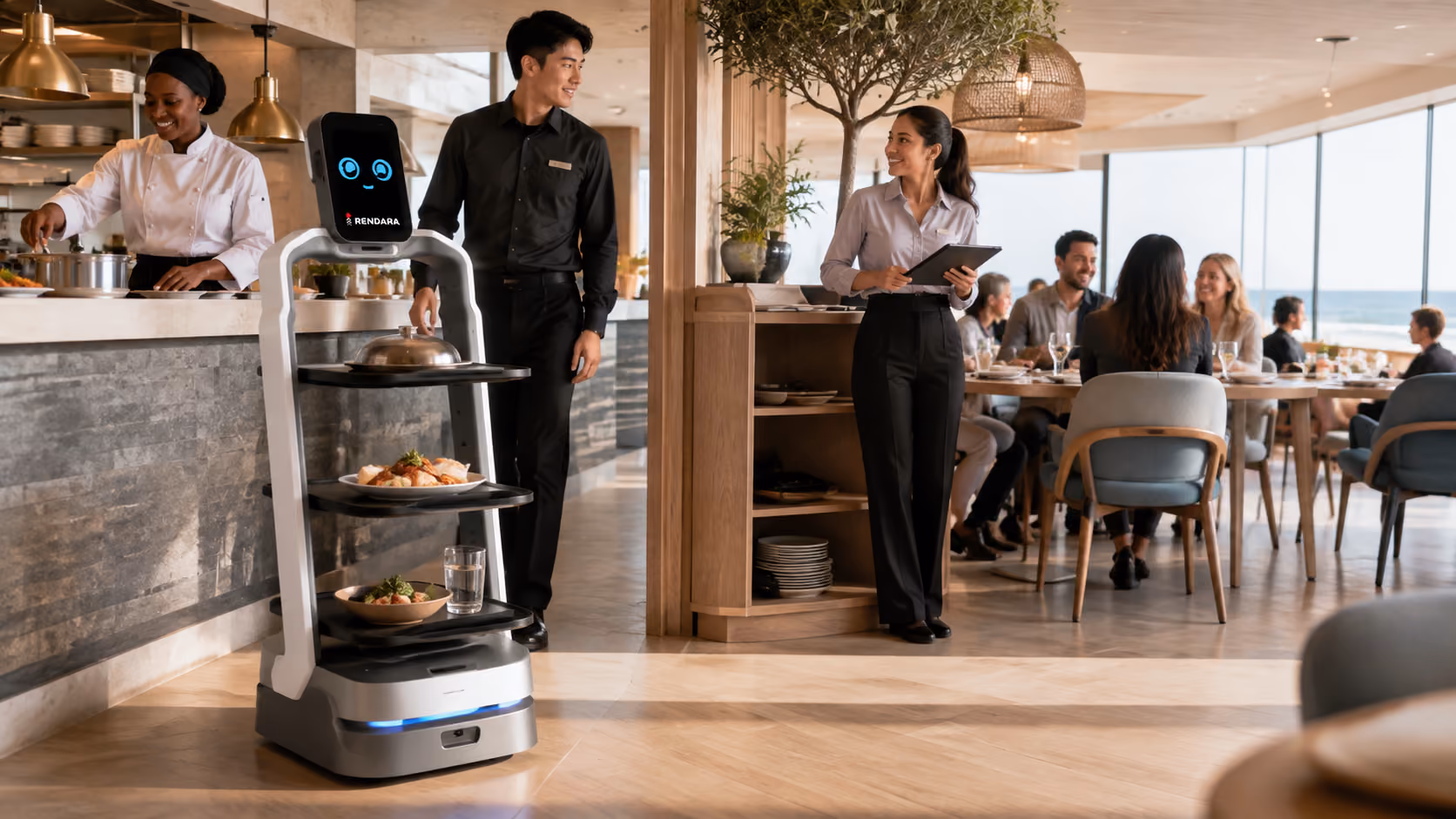 MotoServe running plated meals out of a hotel restaurant kitchen during dinner service