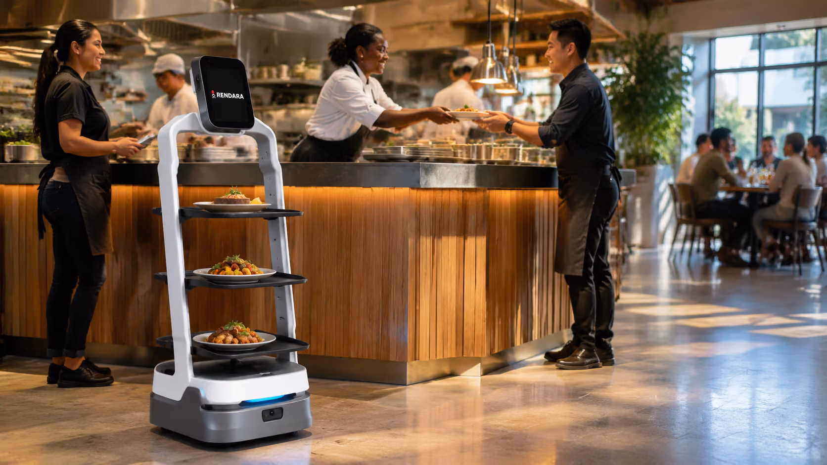 MotoServe carrying plated meals from the kitchen pass to tables
