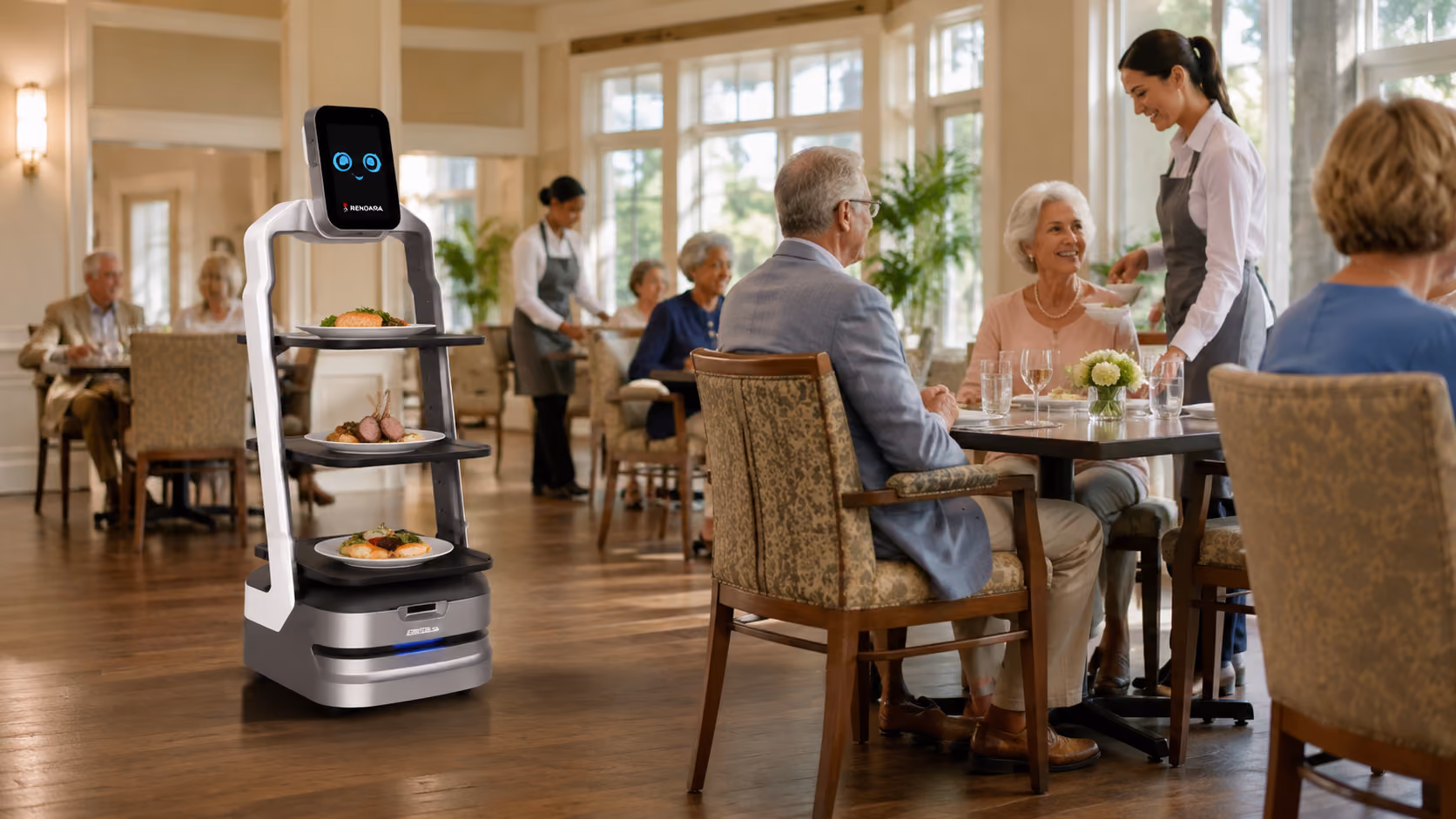 MotoServe delivering meals in a senior living dining room