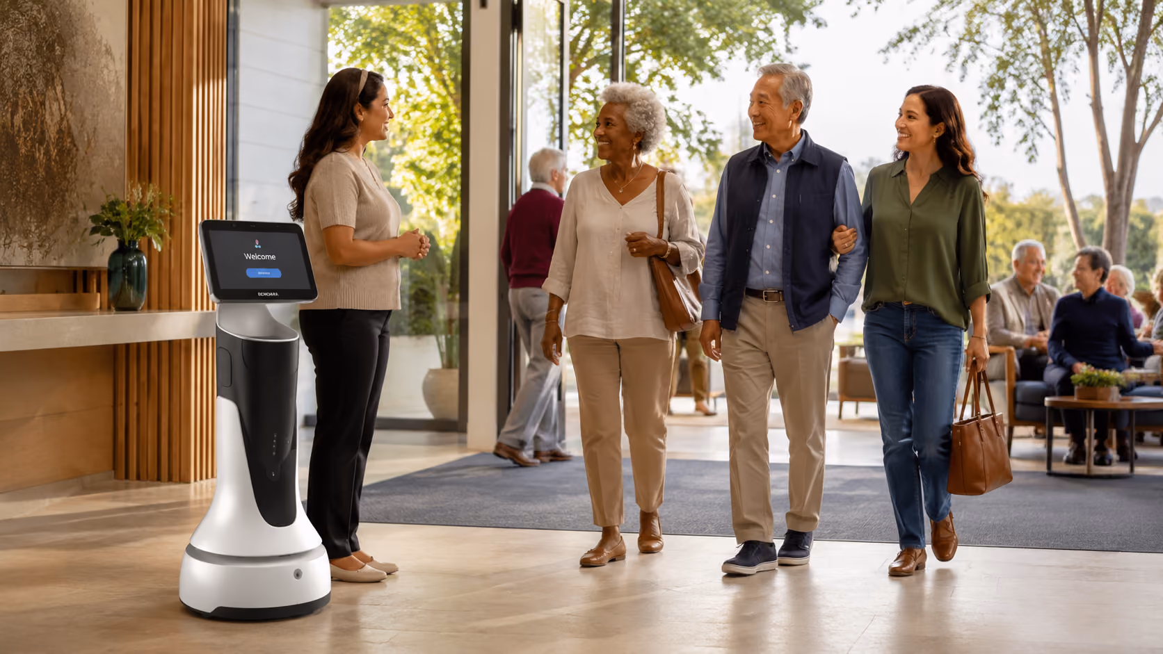 MotoGuide greeting visitors at a senior living entrance