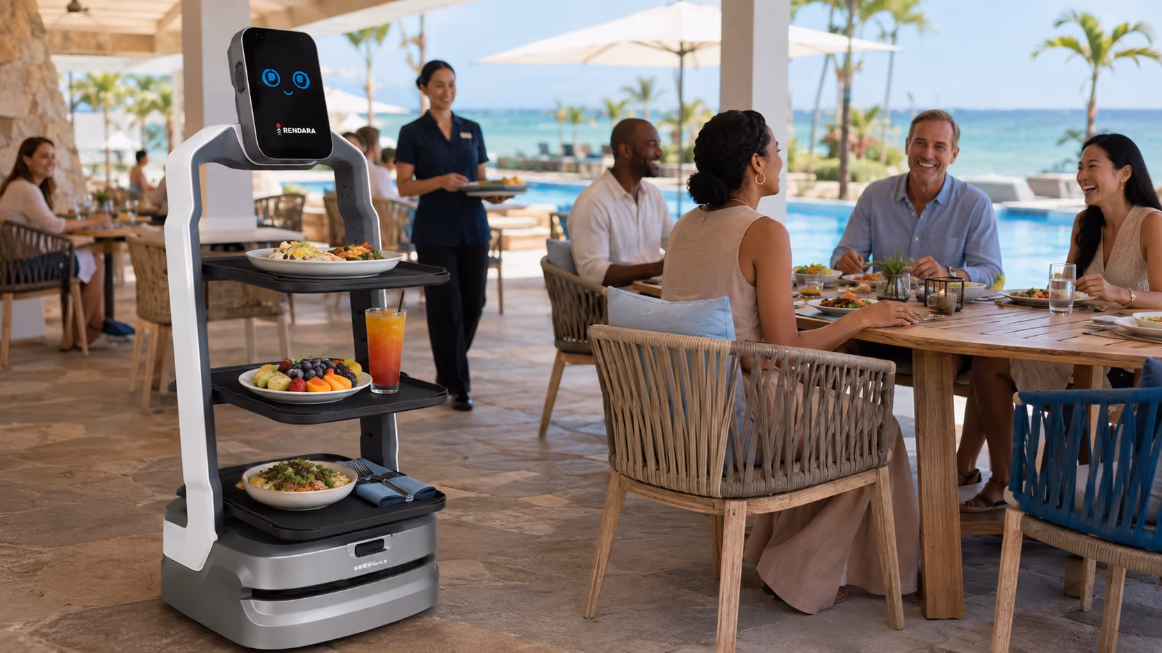 MotoServe serving a poolside covered dining area