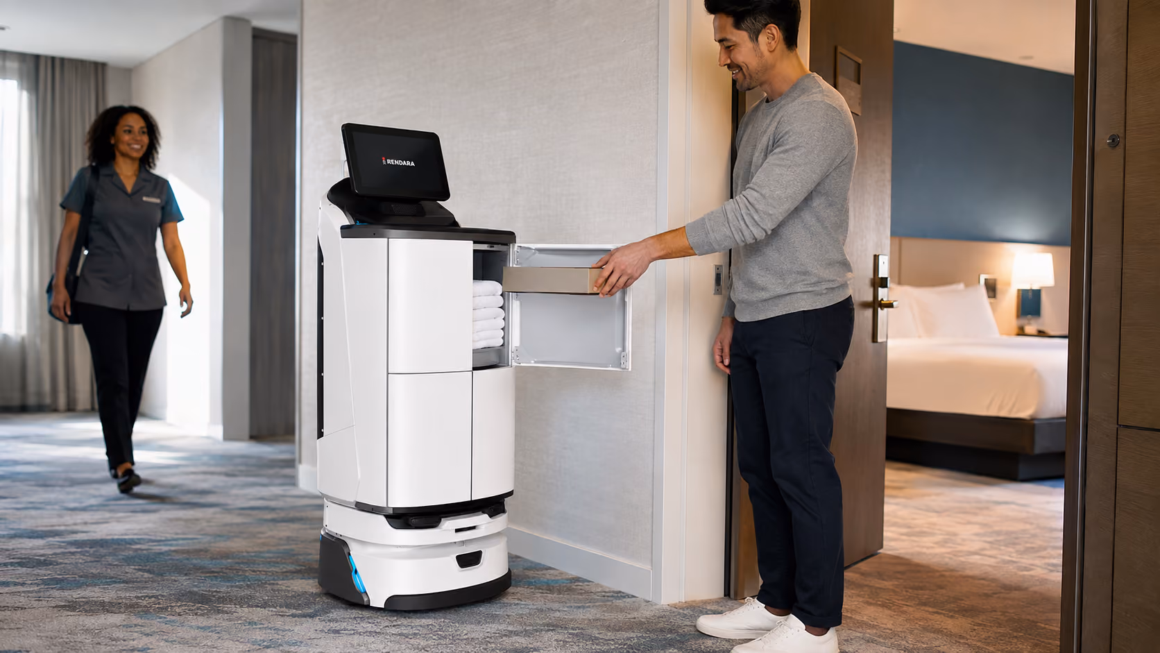 MotoServe Autodoor handing off an amenity at a guest room door