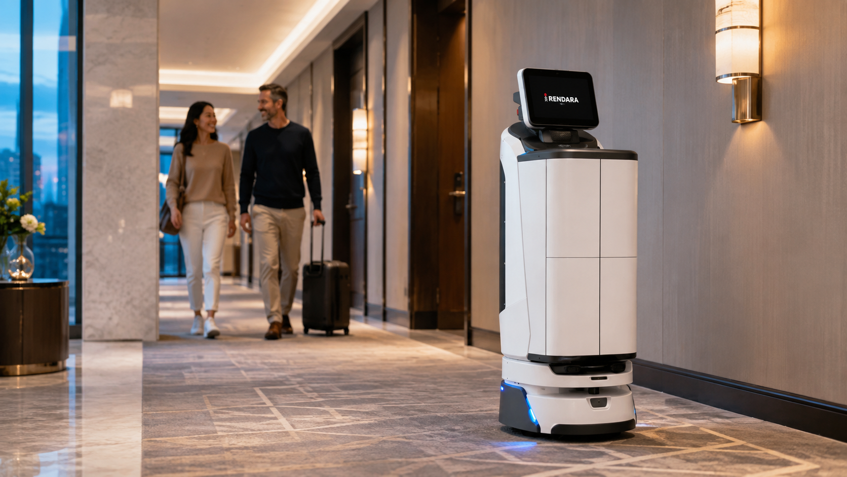 MotoServe making an after hours delivery in a hotel corridor