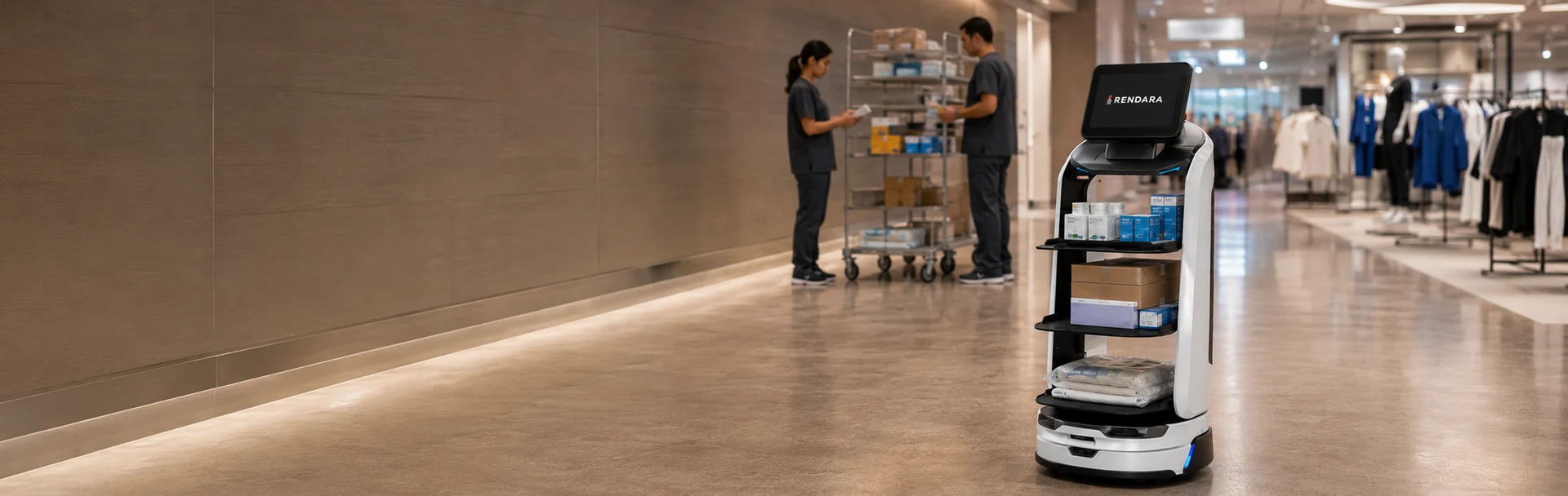 MotoServe Pro moving boxed supplies past staff restocking a cart