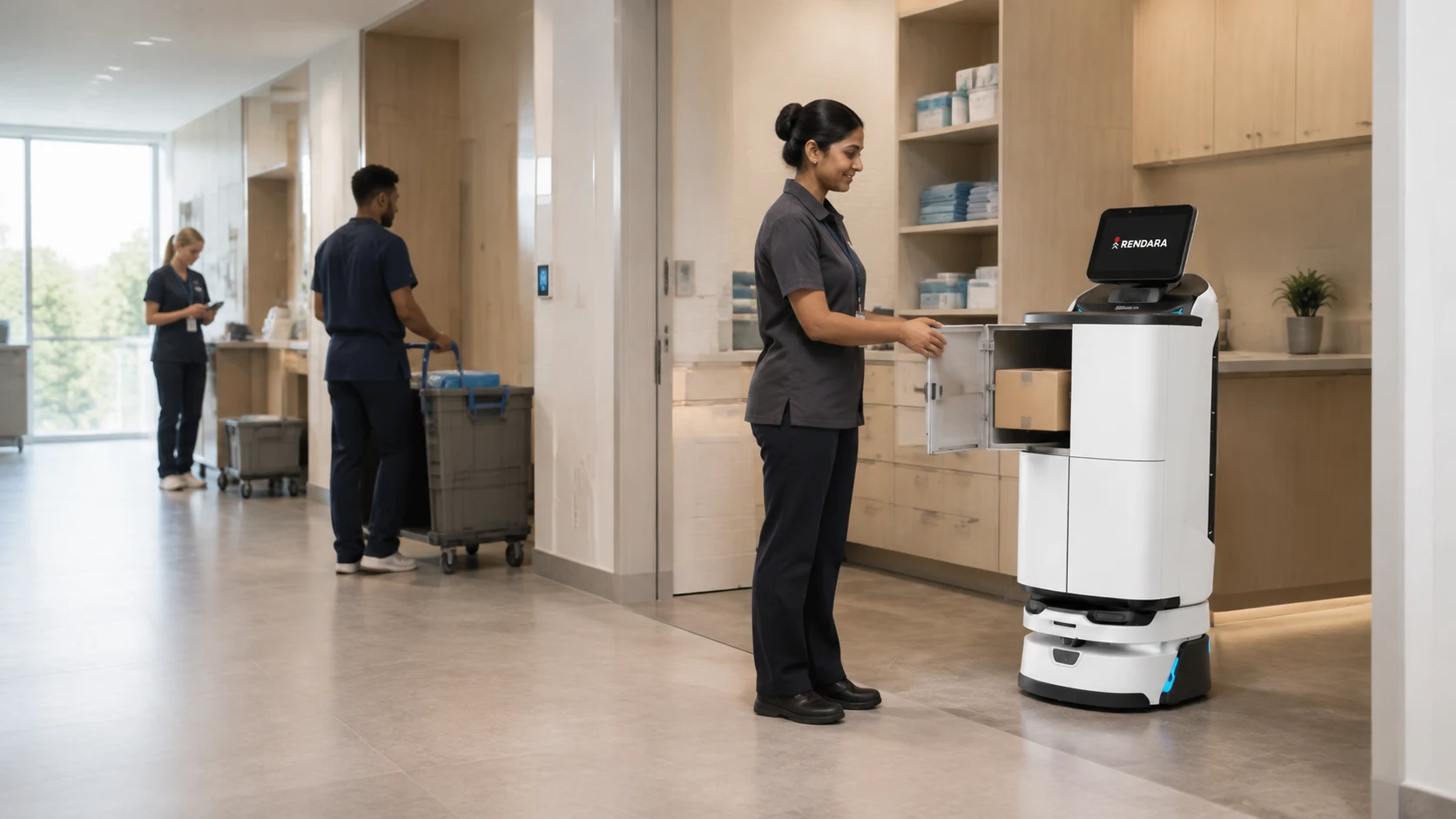 Clinical staff loading a MotoServe Autodoor at a supply station